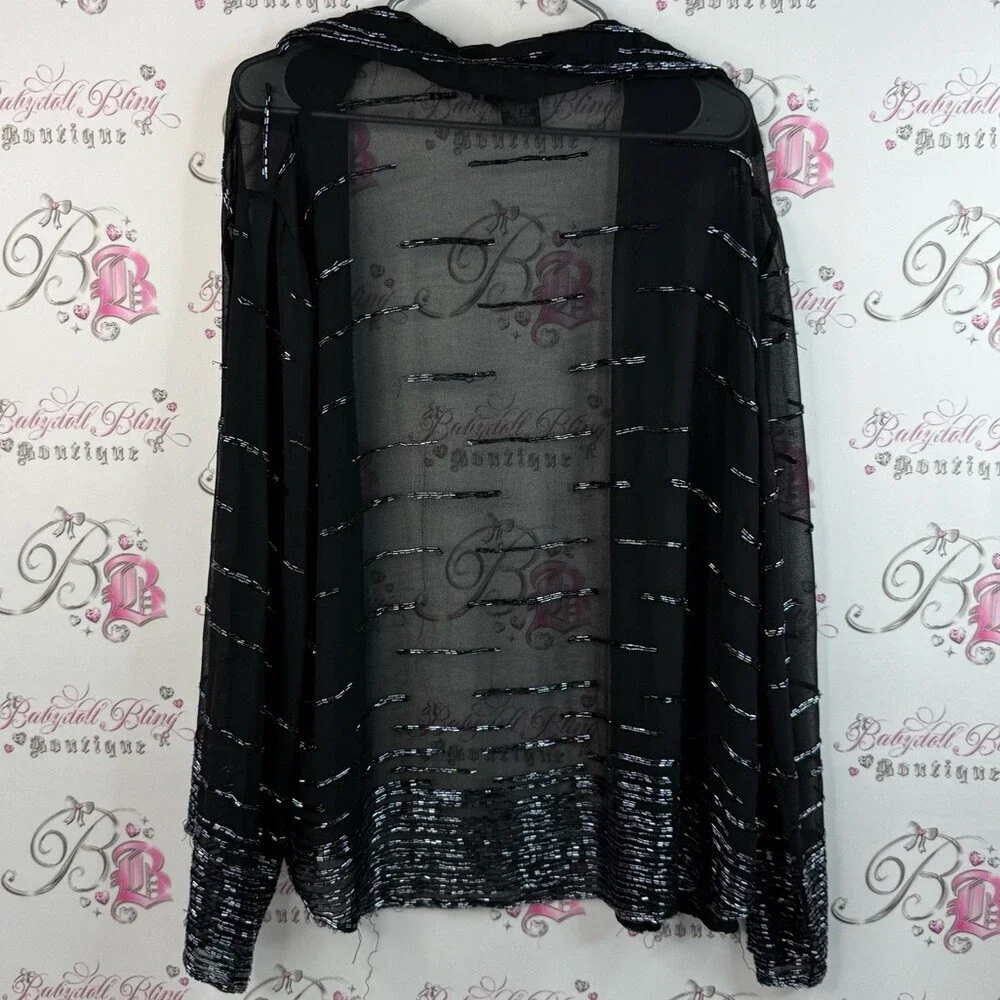 J Kara cardigan beaded embroidery, shiny mesh, Black and Silver Women's Cardigan
